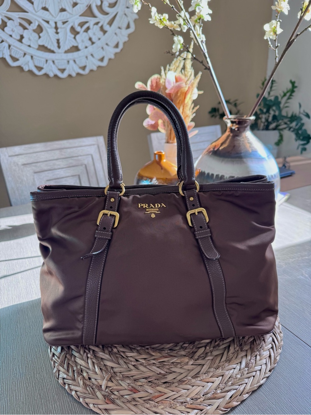 Prada Tessuto Brown Nylon Tote with Gold Hardware